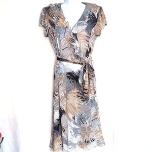 Vintage J.B.S. Sheer Grey Beige Palm Print Midi Dress Size 8